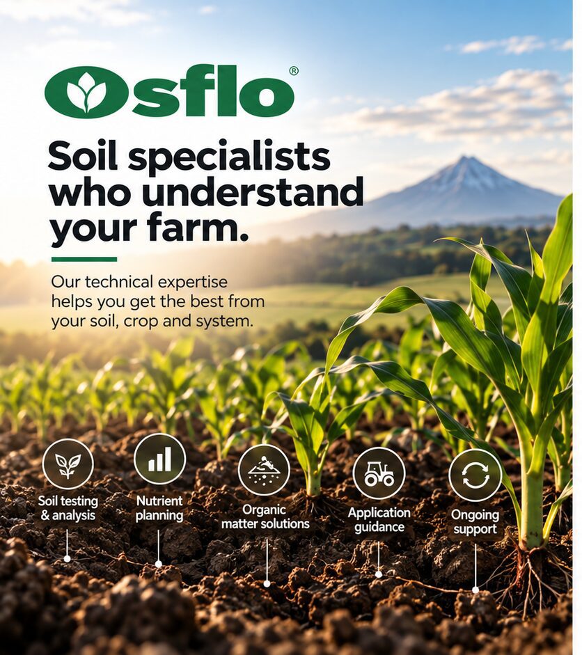 Osflo soil specialists: soil testing and analysis, nutrient planning, organic matter solutions, application guidance and ongoing support.